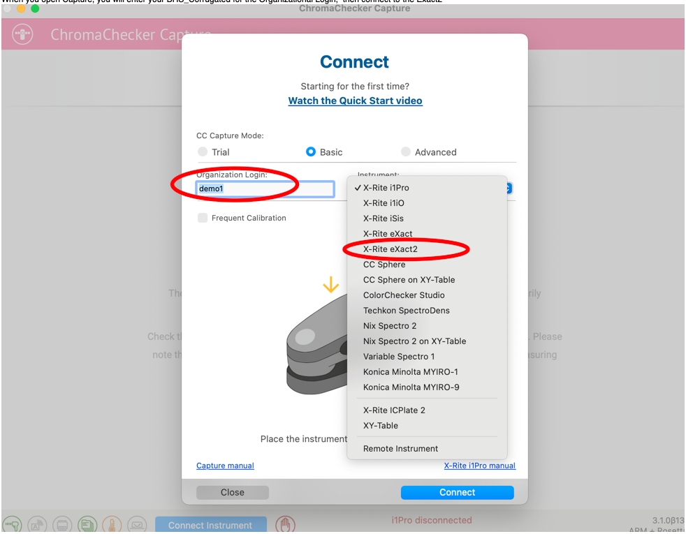 CC Capture &mdash; Connect dialog with instrument list