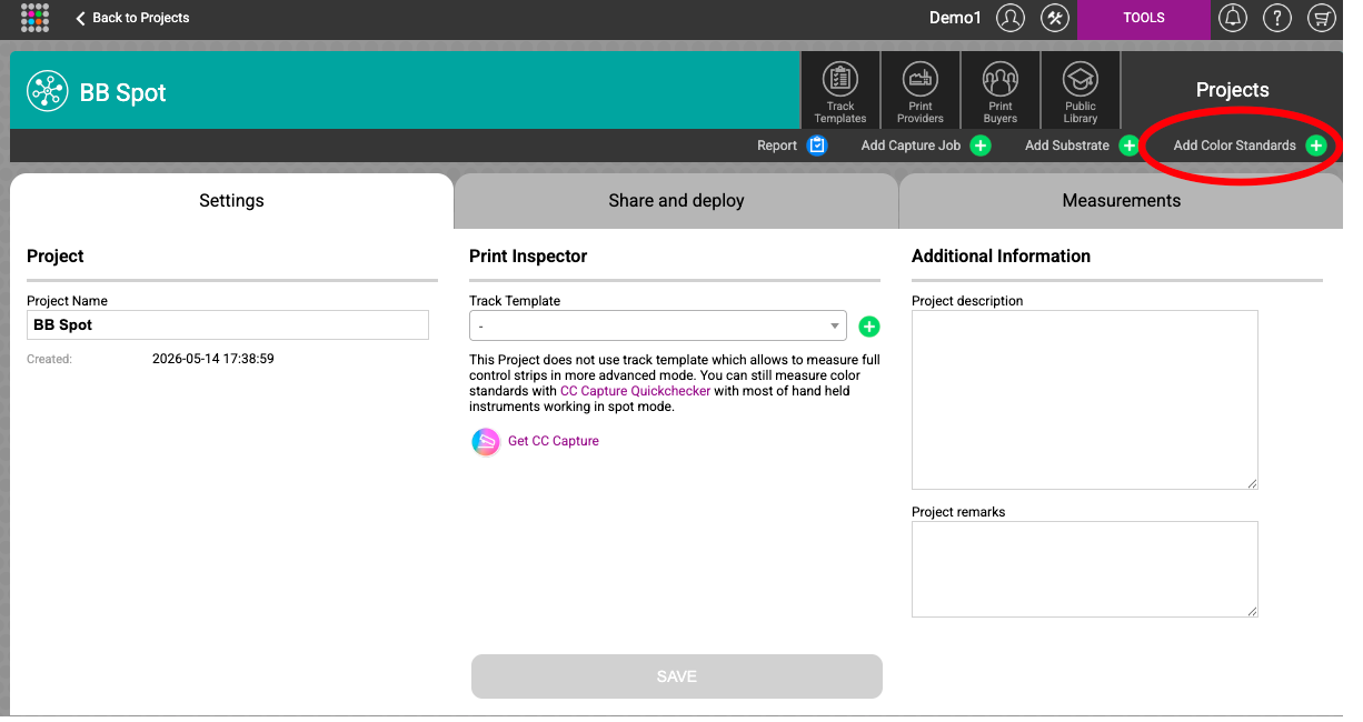 Project settings — Add Color Standards button highlighted