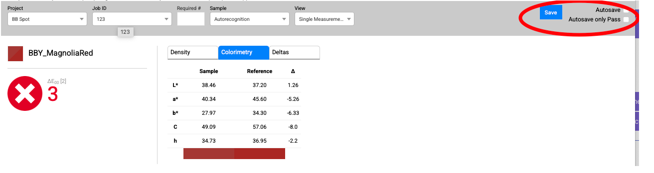 Save measurement &mdash; Job ID field and Autosave/Autosave only Pass options