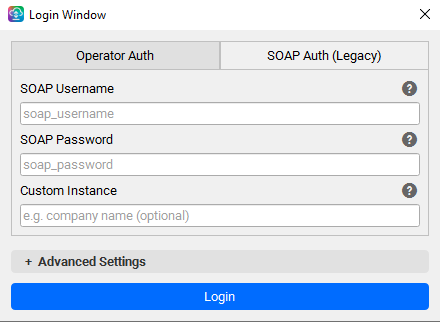 CC Sync Login window — SOAP Auth (Legacy) tab with SOAP Username, SOAP Password and Custom Instance fields