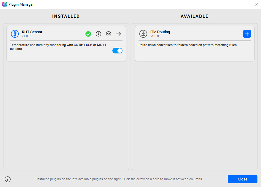 Plugin Manager with an Installed column (RHT Sensor) and an Available column (File Routing)